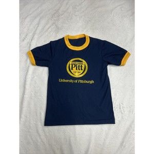 Vtg 80s University Of Pittsburgh Navy Blue Bicentennial Ringer Mesh Shirt Size S